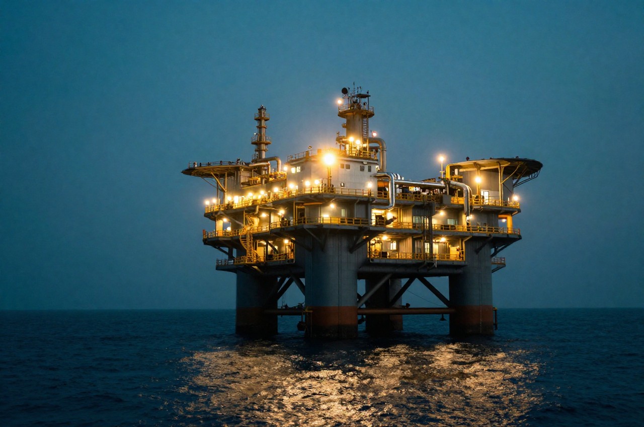 Offshore gas production platform lit at dusk